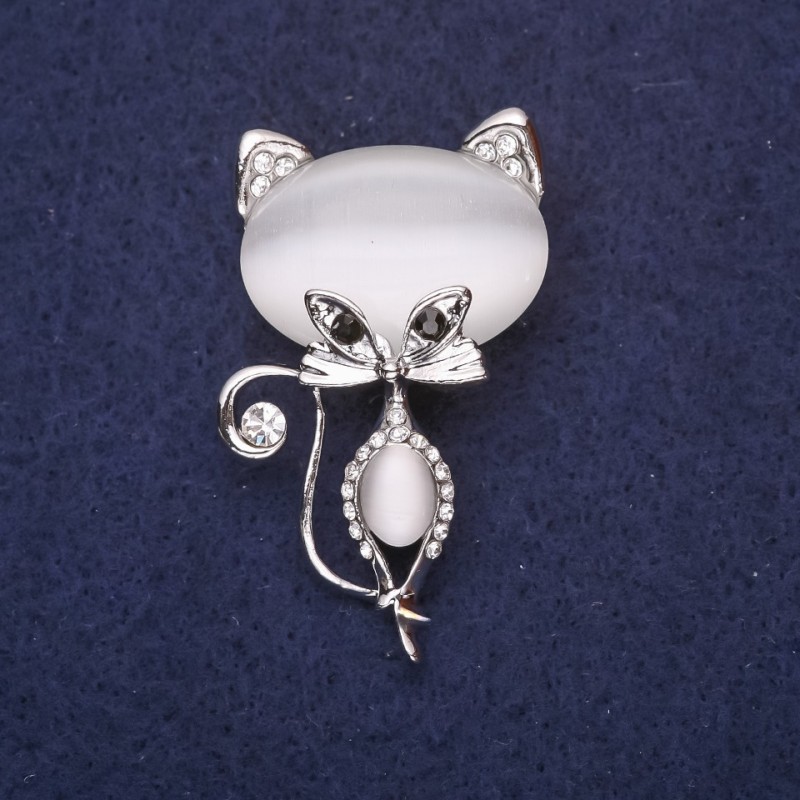 Cat Brooch with White Cat's Eye Stone, 45x26mm, Silver-Tone Metal
