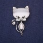 Cat Brooch with White Cat's Eye Stone, 45x26mm, Silver-Tone Metal