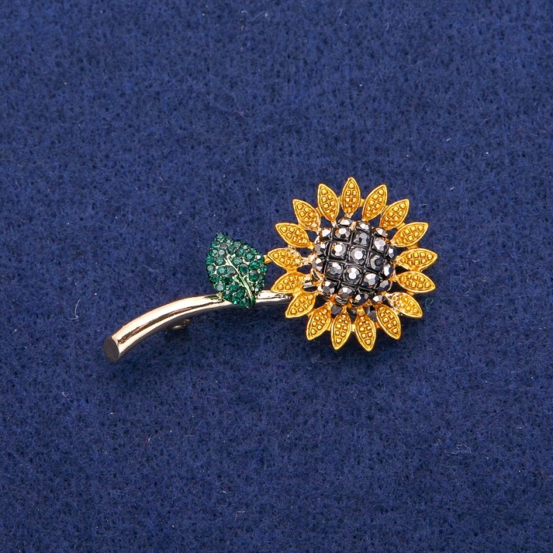 Sunflower Brooch Pendant, 24x48mm, Rhinestones and Enamel, Gold-Tone Metal