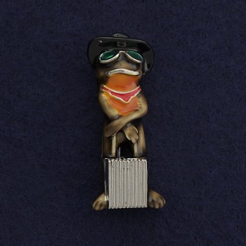 Brooch-Pendant Frog with Suitcase, Silver Metal, Brown Enamel 45x18mm +