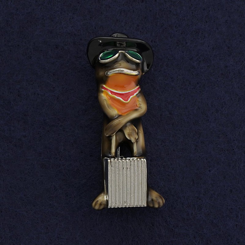 Brooch-Pendant Frog with Suitcase, Silver Metal, Brown Enamel 45x18mm +