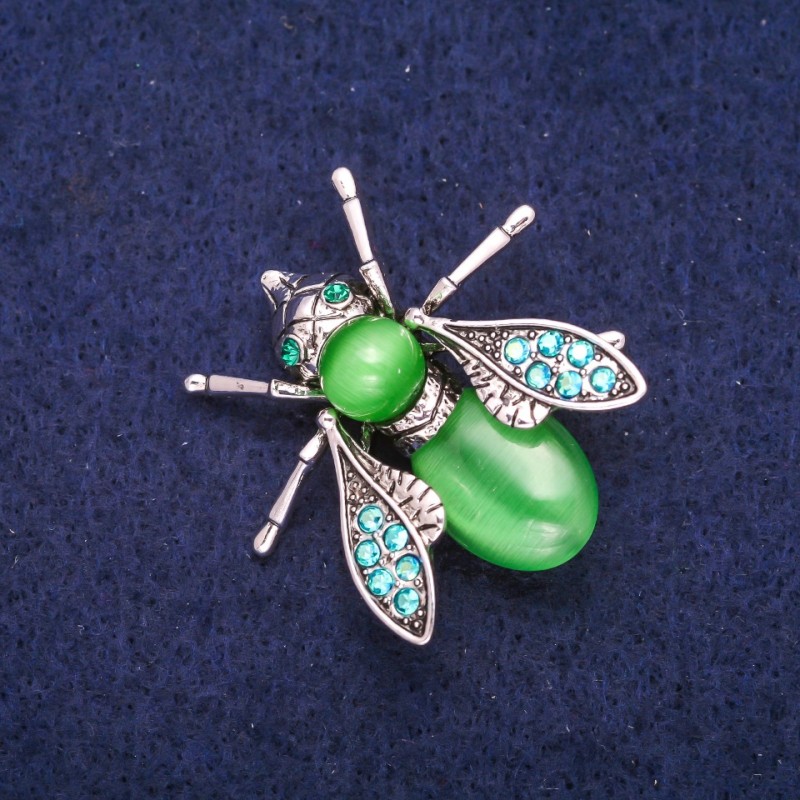Brooch Butterfly with Green Cat's Eye and Rhinestones, Silver-Coloured Metal 33x34mm