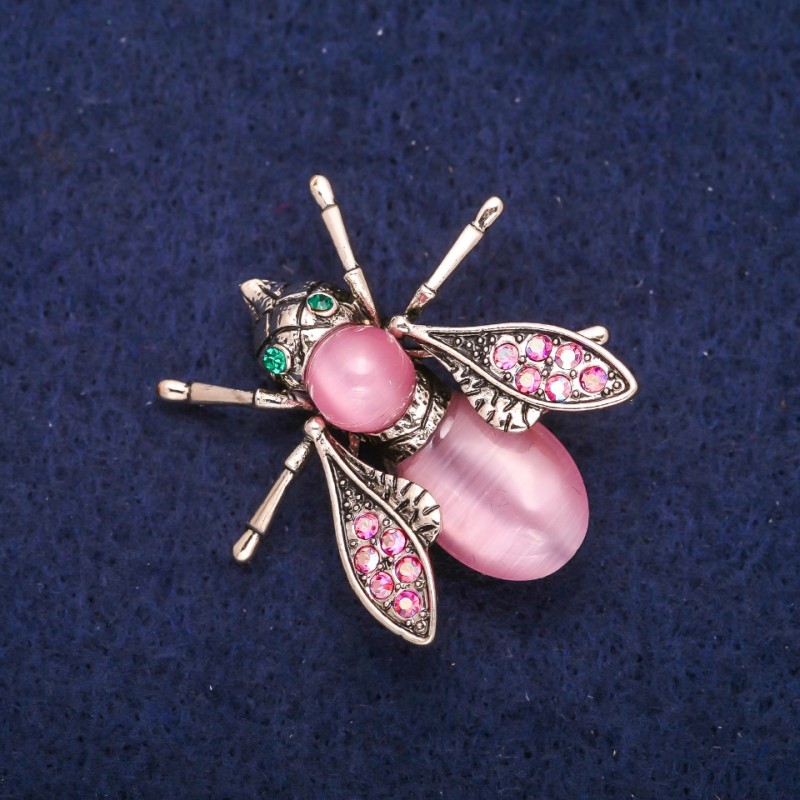 Brooch Butterfly with pink Cat's Eye and crystals 33x34mm, metal with gold-tone