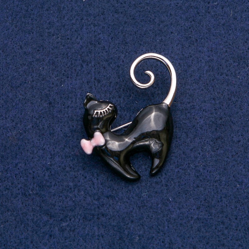 Brooch Cat with Pink Bow, Black Enamel, Silver Tone Metal 39×37mm +