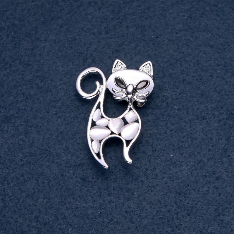 Brooch "Cat" white Cat's Eye stone colour metal "silver" 30x45mm