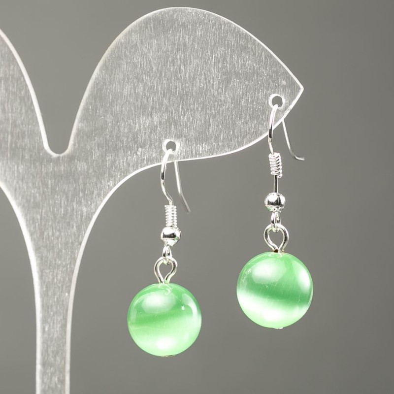 Natural Stone Earrings Green Cat's Eye, Diameter 10mm+/-, Length 31mm+