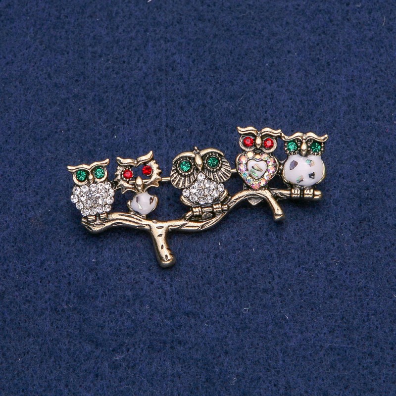 Owl Brooch, golden metal with white, chameleon, red, green rhinestones and abalone, 52x33mm+