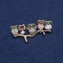 Owl Brooch, golden metal with white, chameleon, red, green rhinestones and abalone, 52x33mm+