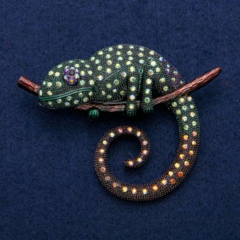 Brooch Chameleon with enamel and rhinestones 60x77mm, silver metal