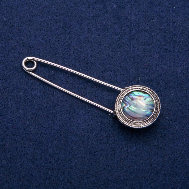 Brooch pin with an abalone cabochon 23x75 mm, silver-toned metal