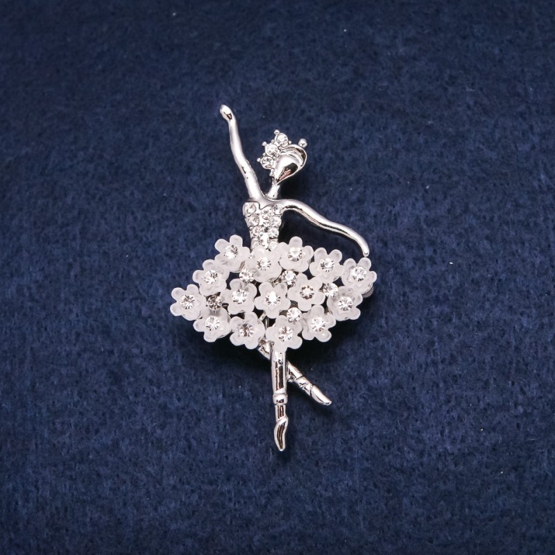 Brooch 'Ballerina' 34x55mm with Crystals, Silver-Coloured Metal