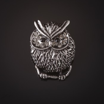 Brooch Owl with silver white crystals 3.5 cm