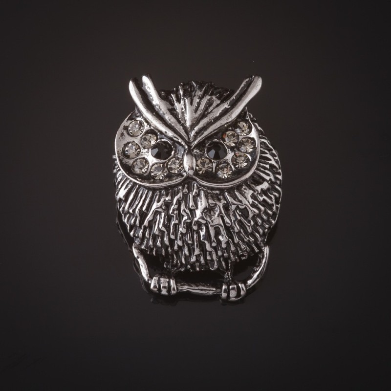 Brooch Owl with silver white crystals 3.5 cm