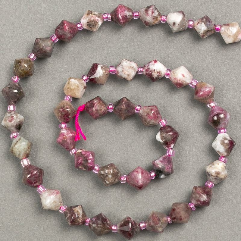 Tourmaline Beads on Thread Natural Gemstone Beads Cut Diamond 8x8mm, Thread Length 39cm ± (Seed Bead Inset 3x3mm)