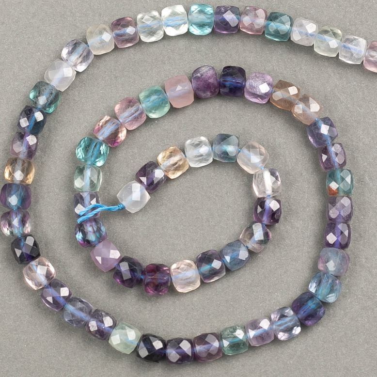 Fluorite Beads on Thread on Natural Stone, Faceted Cube 6x6 mm, 40 cm Length +