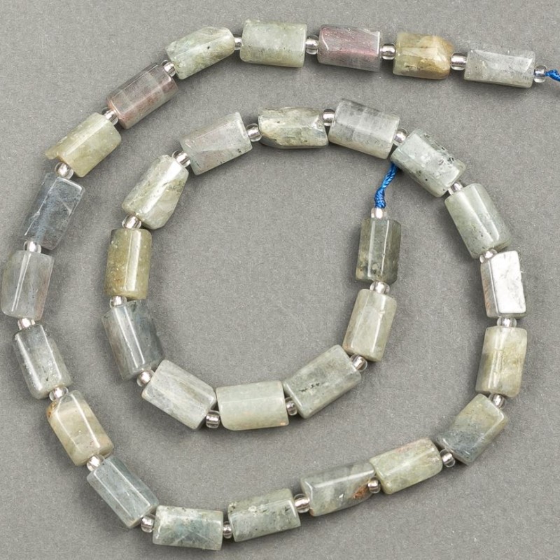Threaded bead preform with natural Labradorite, faceted 11x7mm, length 40cm ± with seed beads (3x2mm)