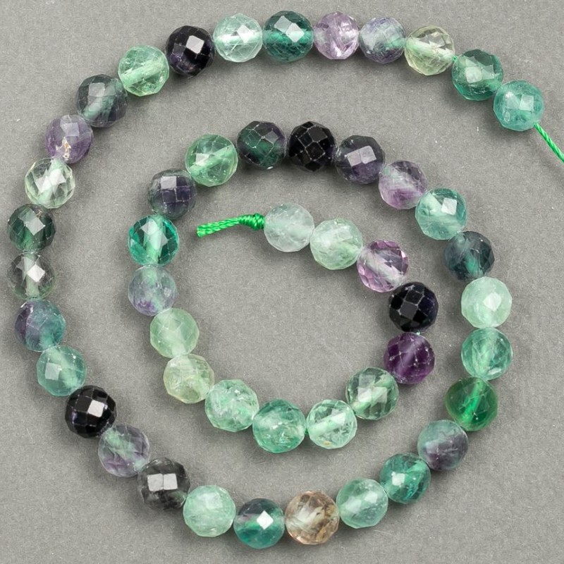 Natural Fluorite Beads on Thread, Faceted, 8mm diameter, 37cm length +