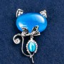 Brooch 'Kitty' Cat's-eye Blue with White Crystals 45x28mm Silver Metal
