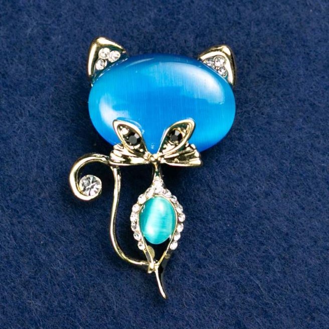 Brooch Cat Cat's Eye Blue with White Rhinestones 45x28mm Yellow Metal