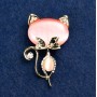 Brooch Cat Eye Stone pink with white crystals 45x28mm yellow metal