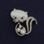 Brooch Cat Cat's Eye White with White Crystals 44x39 mm Silver Metal