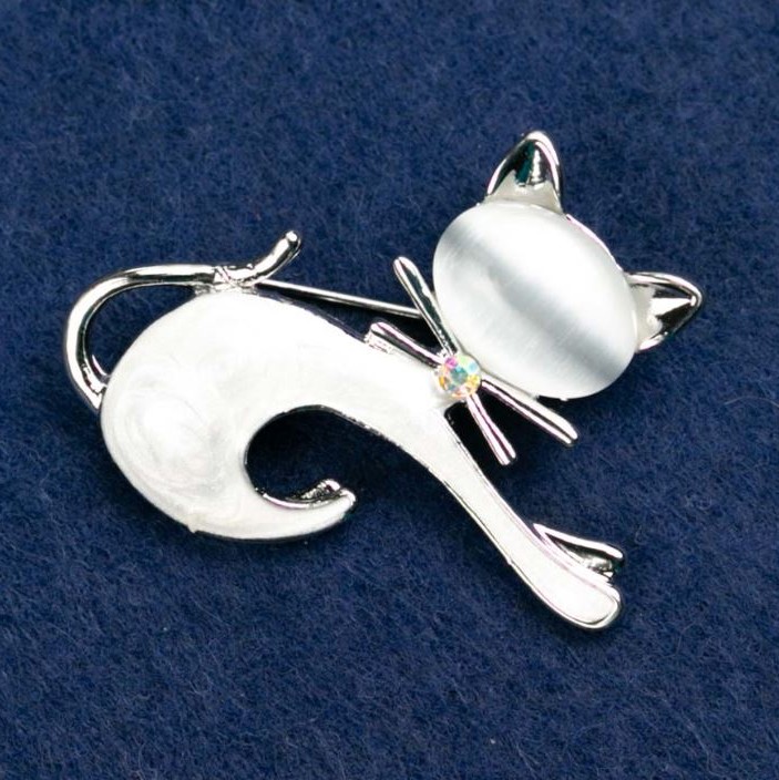 Cat Brooch with Cat's Eye Enamel, Grey, 37x44mm, Silver-Tone Metal