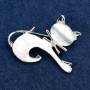 Cat Brooch with Cat's Eye Enamel, Grey, 37x44mm, Silver-Tone Metal