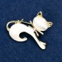 Cat Brooch with Cat's Eye Enamel, White, 37x44mm, Yellow Metal