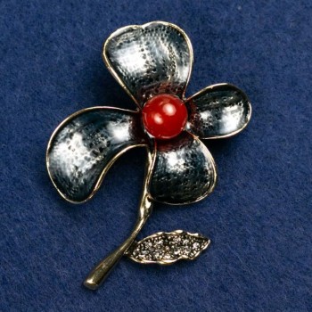 Brooch Flower with Carnelian Cabochon and Enamel, 47x60mm, gold-toned metal