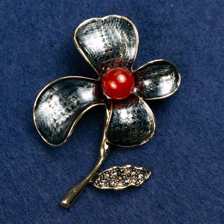 Brooch Flower with Carnelian Cabochon and Enamel, 47x60mm, gold-toned metal