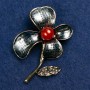 Brooch Flower with Carnelian Cabochon and Enamel, 47x60mm, gold-toned metal