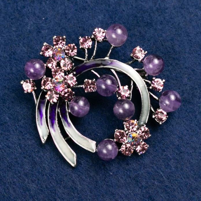 Brooch with natural Amethyst Sprig with pink crystals, metal colour silver 43x48mm