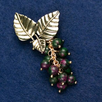 Brooch with Zoisite Natural Stone "Branch with Berries", metal in gold colour 60×35mm