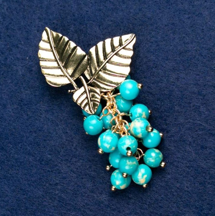 Brooch with Variscite Stone "Branch with Berries", gold-tone metal 60x35mm