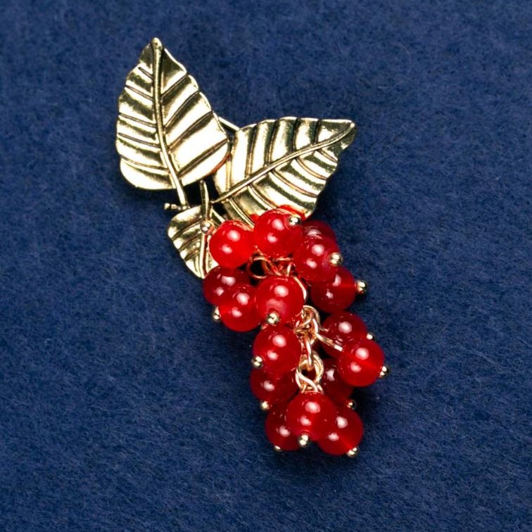 Brooch with Carnelian "Branch with Berries", gold-tone metal 60x35mm