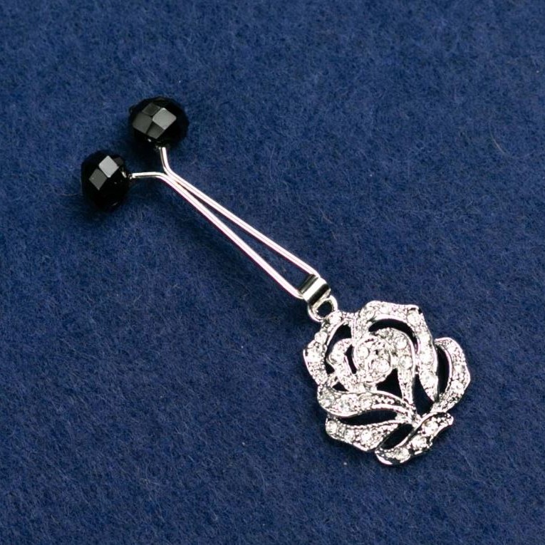 Flower Brooch with White Crystals and Black Beads, Silver-Coloured Metal Backing 55x20mm