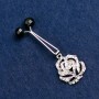 Flower Brooch with White Crystals and Black Beads, Silver-Coloured Metal Backing 55x20mm