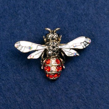 Brooch 'Bee' with red and black rhinestones, grey enamel, silver-coloured metal 42×32mm