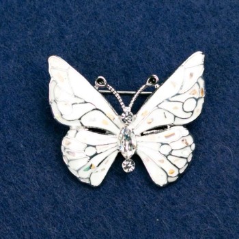 Brooch "Butterfly" with white rhinestones, white enamel and chalcedony, silver-coloured metal 38x31mm