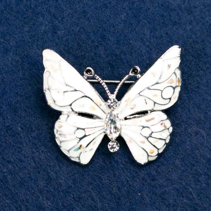 Brooch "Butterfly" with white rhinestones, white enamel and chalcedony, silver-coloured metal 38x31mm