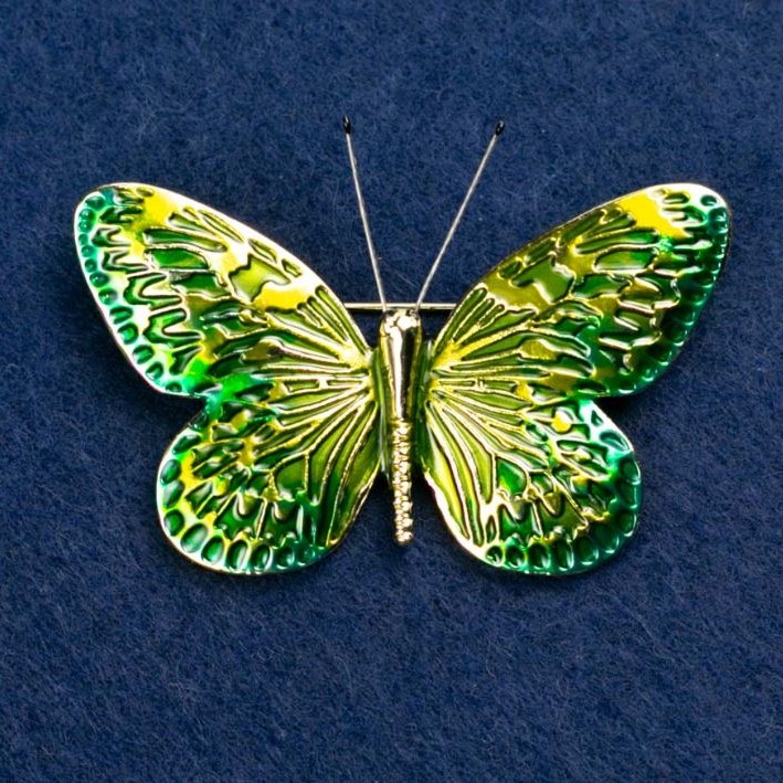 Brooch "Butterfly" green enamel, gold-coloured metal 55x39mm