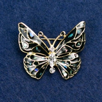 Brooch "Butterfly" with White Crystals, Dark Grey Enamel with Chalcedony, Gold-Coloured Metal 37x32mm
