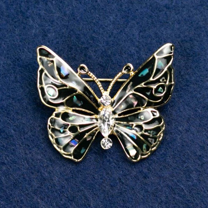 Brooch "Butterfly" with White Crystals, Dark Grey Enamel with Chalcedony, Gold-Coloured Metal 37x32mm