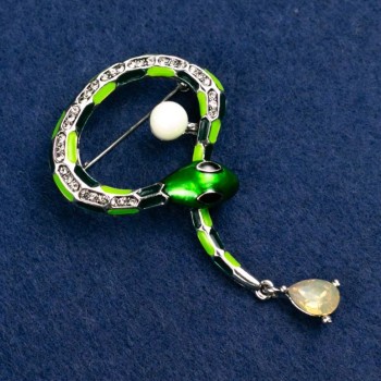 Brooch "Snake" green enamel with crystal, bead and white rhinestones, metal in silvery colour 35x64mm