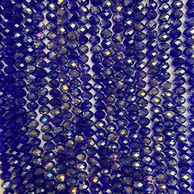Beads Czech Crystal on thread, blue with petrol glow, faceted rondelle, 8×6 mm, length 40–42 cm