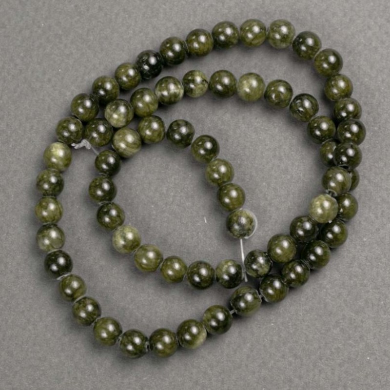 Beads on fishing line - Tinted Quartz (separate acrylic) dark green smooth bead, diameter 6.5mm ±, length 40cm ±