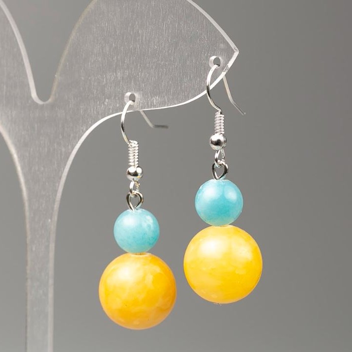 Earrings Aquamarine and Citrine (Imitation Acrylic), Diameter 14mm, Diameter 8mm+/-, Length 41mm