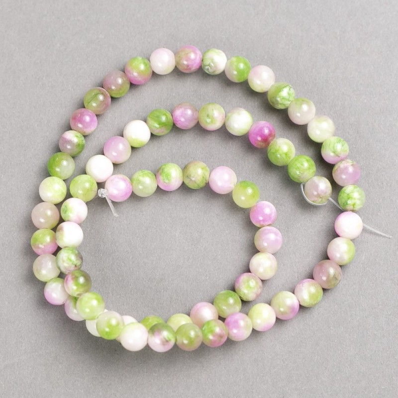 Green-Pink-White Beads "Tourmaline" (imitation acrylic) on fishing line, smooth round bead, diameter 6mm +/-, length 40cm +
