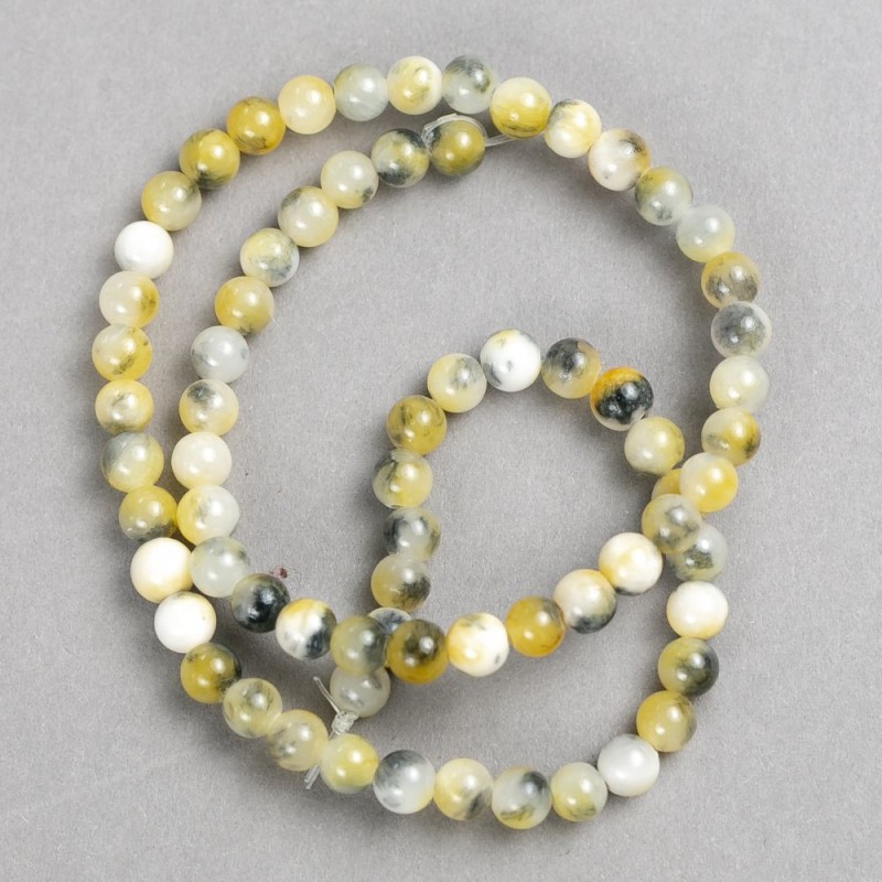 Yellow-Grey-White Beads (imitation acrylic) on fishing line, smooth round bead, diameter 6mm +/-, length 40cm +