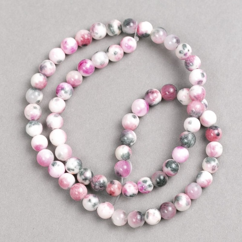 White-Grey-Pink Beads "Rhodonite" (imitation acrylic) on fishing line, smooth round bead, diameter 6mm +/-, length 40cm +